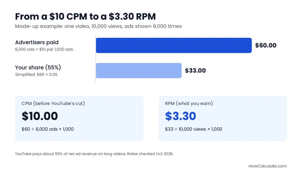 Chart showing a YouTube video where advertisers paid $60, the creator’s 55% share was $33, giving a CPM of $10.00 and an RPM of $3.30